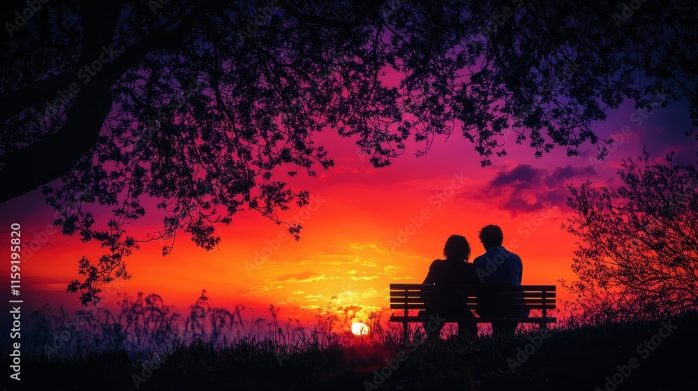 Romantic Couple Sitting on a Bench Silhouetted Against a Colorful Sunset with Vibrant Orange, Pink, and Purple Sky in a Peaceful Natural Setting Romantic Couple Sitting on a Bench Silhouetted Against a Colorful Sunset with Vibrant Orange, Pink, and Purple Sky in a Peaceful Natural Setting