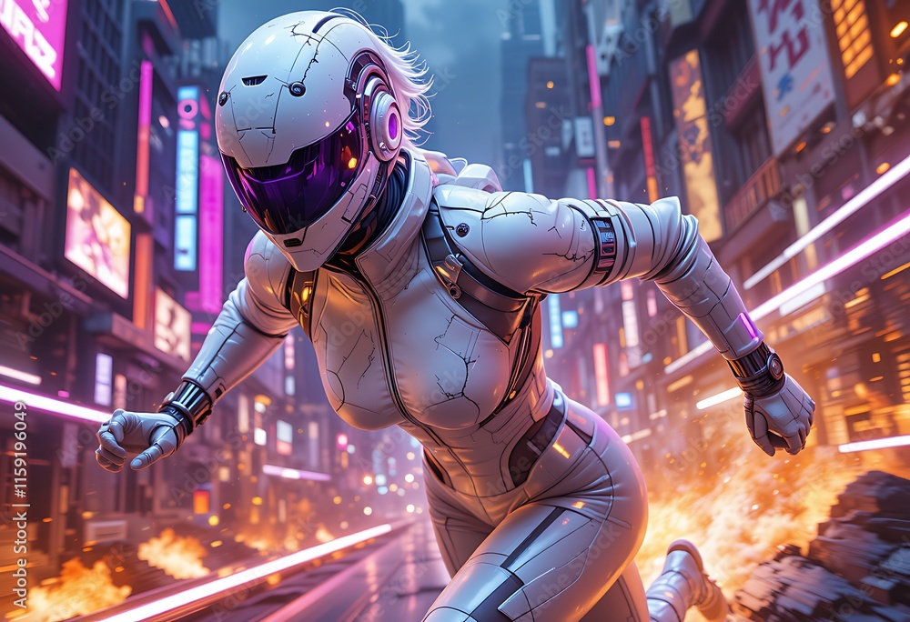 Futuristic Female Warrior in Action in a Cyberpunk City. Generative AI Futuristic Female Warrior in Action in a Cyberpunk City. Generative AI