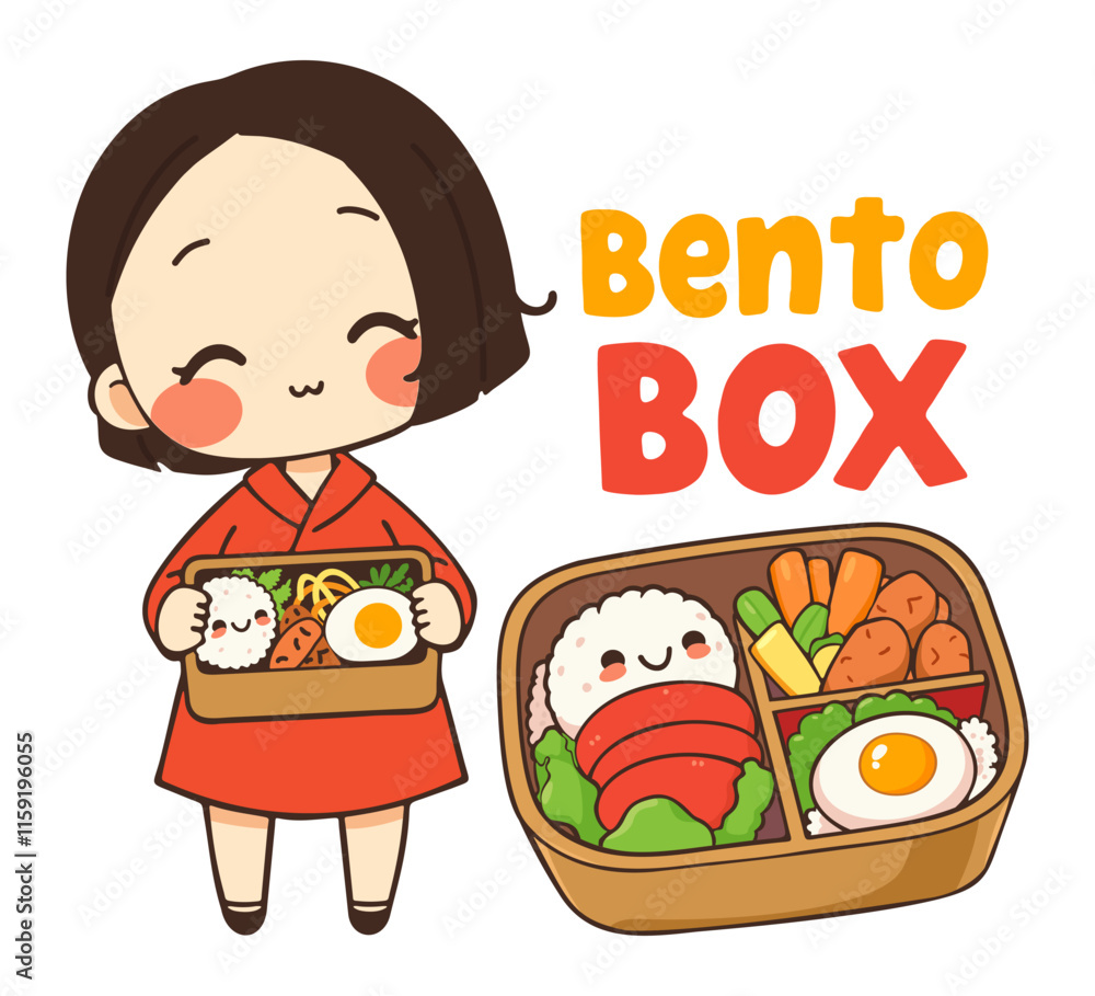 Cute girl holding bento box. Vector illustration with lettering in kawaii style Cute girl holding bento box. Vector illustration with lettering in kawaii style