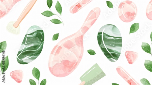 Elegant Seamless Rose Quartz Gua Sha and Jade Scraper Pattern Design