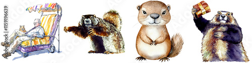 Groundhog Day and tradition event, A series of cartoon animals, including a squirrel, a beaver, and a groundhog, each displaying playful expressions or holding items. photo