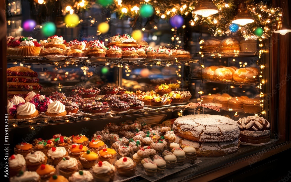 A beautifully lit display of assorted pastries and cupcakes, adorned with colorful decorations, creating an inviting and festive atmosphere. A beautifully lit display of assorted pastries and cupcakes, adorned with colorful decorations, creating an inviting and festive atmosphere.