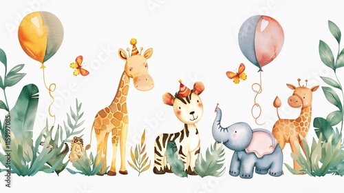 Vibrant Watercolor Safari Animals with Birthday Frames Vector Illustration