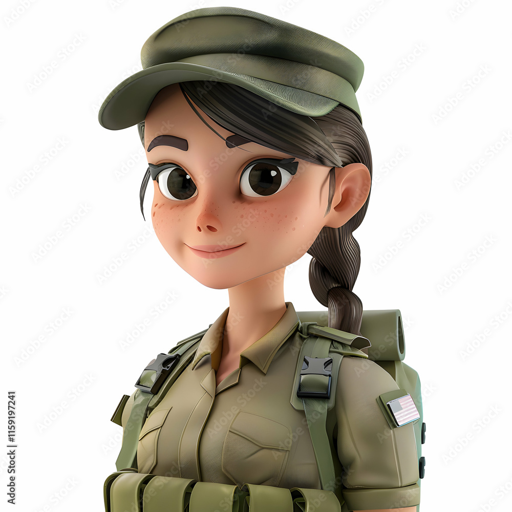 Cartoon Female Soldier in Military Uniform with Cap and Gear Cartoon Female Soldier in Military Uniform with Cap and Gear