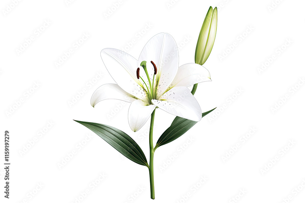 Lily harmony concept. A beautiful white lily flower with fresh green leaves and a budding flower. Lily harmony concept. A beautiful white lily flower with fresh green leaves and a budding flower.