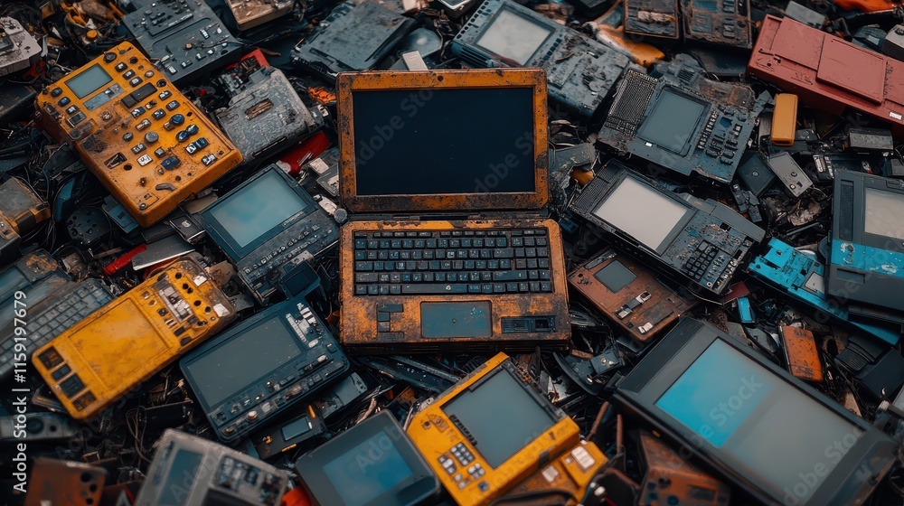 Discarded electronics including phones and laptops in a recycling facility Discarded electronics including phones and laptops in a recycling facility