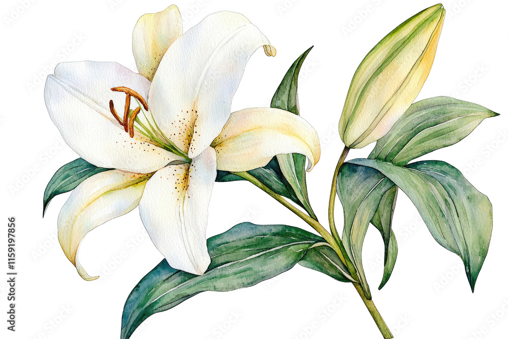 Fototapeta premium Lily harmony concept. Beautiful watercolor illustration of a white lily flower with green leaves.