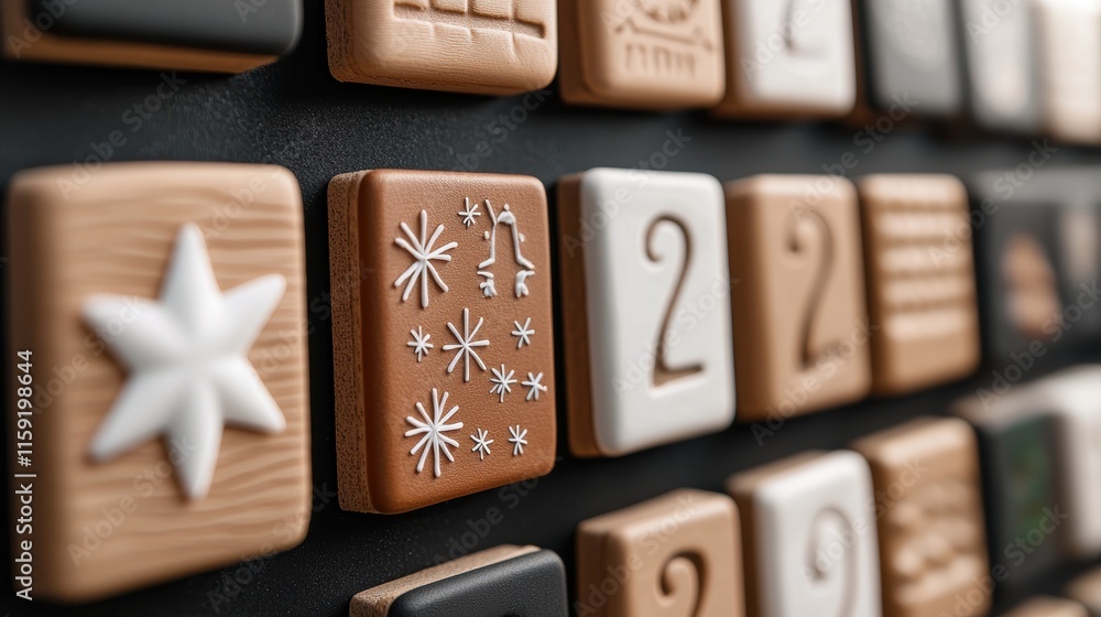 A close-up of decorative, textured tiles arranged in a grid pattern, featuring various designs and numbers in earthy tones. A close-up of decorative, textured tiles arranged in a grid pattern, featuring various designs and numbers in earthy tones.