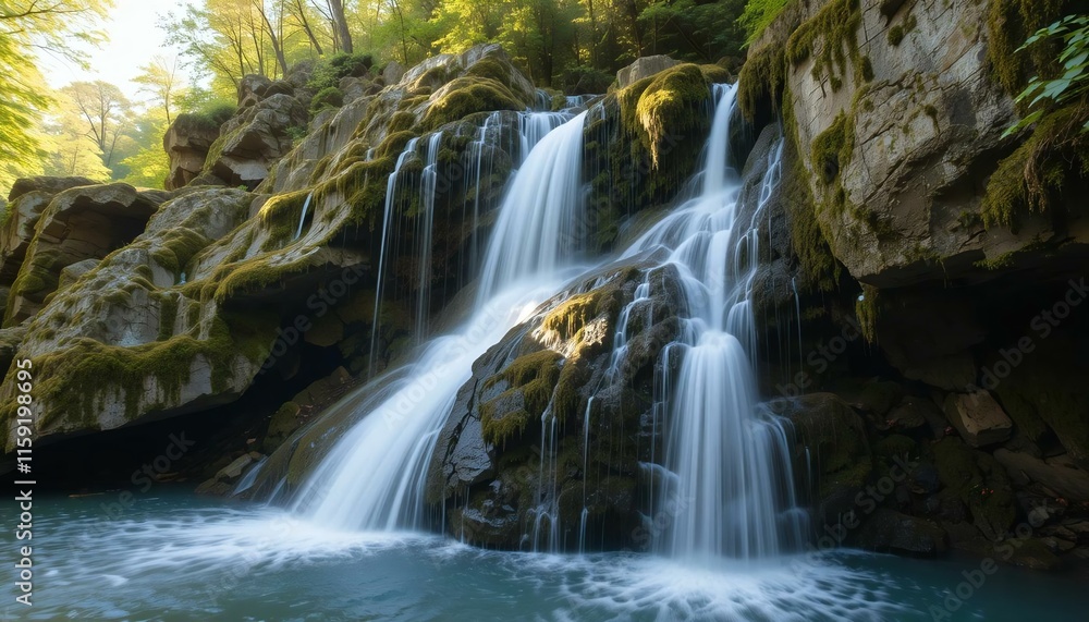 Obraz premium A crystal-clear waterfall cascading into a tranquil pool, surrounded by moss-covered rocks and lush greenery.