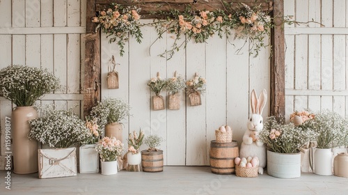A charming rustic display featuring floral arrangements, a wooden backdrop, and decorative elements like baskets and a bunny, perfect for a spring or Easter theme.