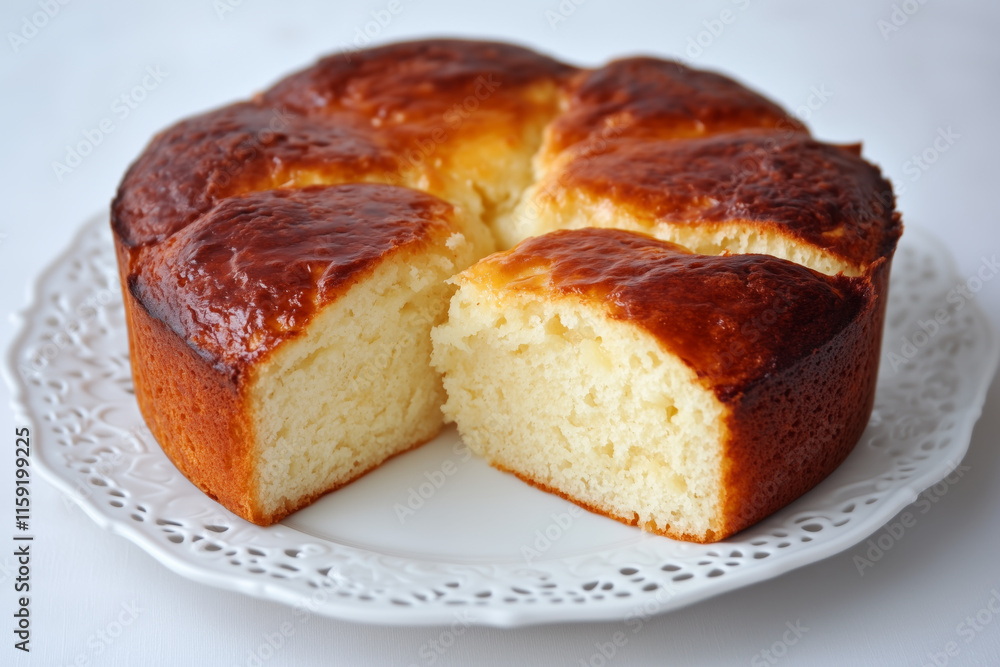 Homemade brioche bread with a golden crust served on a decorative white plate with a slice cut out Homemade brioche bread with a golden crust served on a decorative white plate with a slice cut out