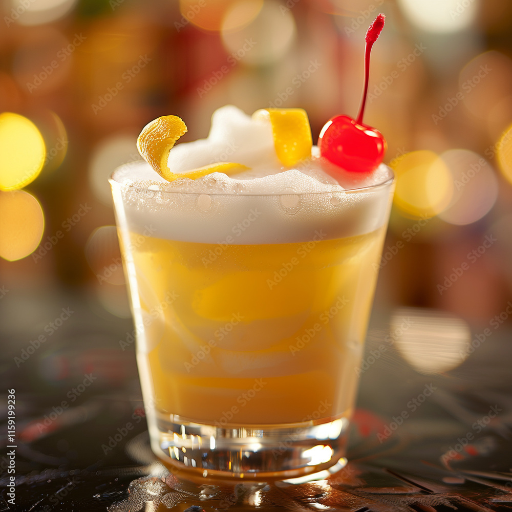 Refreshing cocktail with lemon twist and cherry garnish Refreshing cocktail with lemon twist and cherry garnish