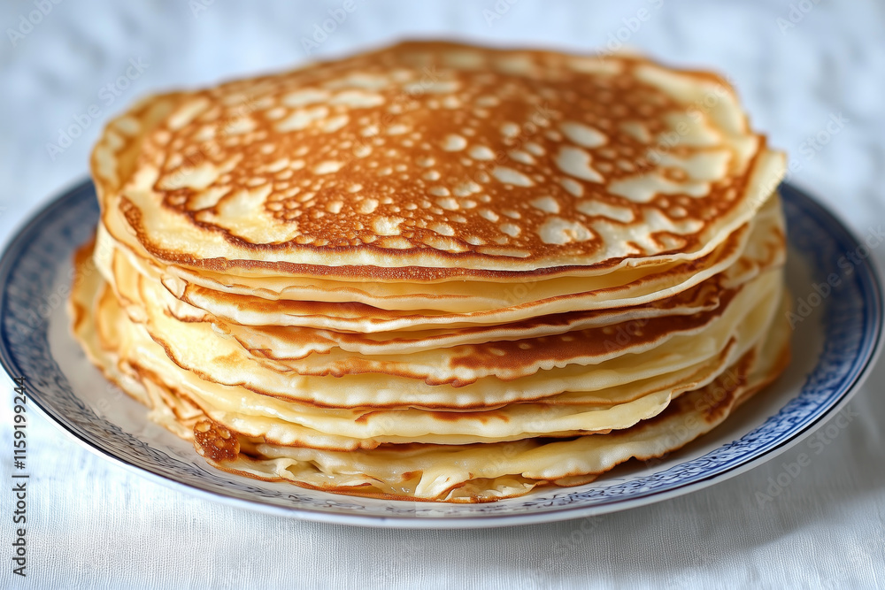 Stack of thin golden crepes served on a decorative plate for breakfast or dessert Stack of thin golden crepes served on a decorative plate for breakfast or dessert