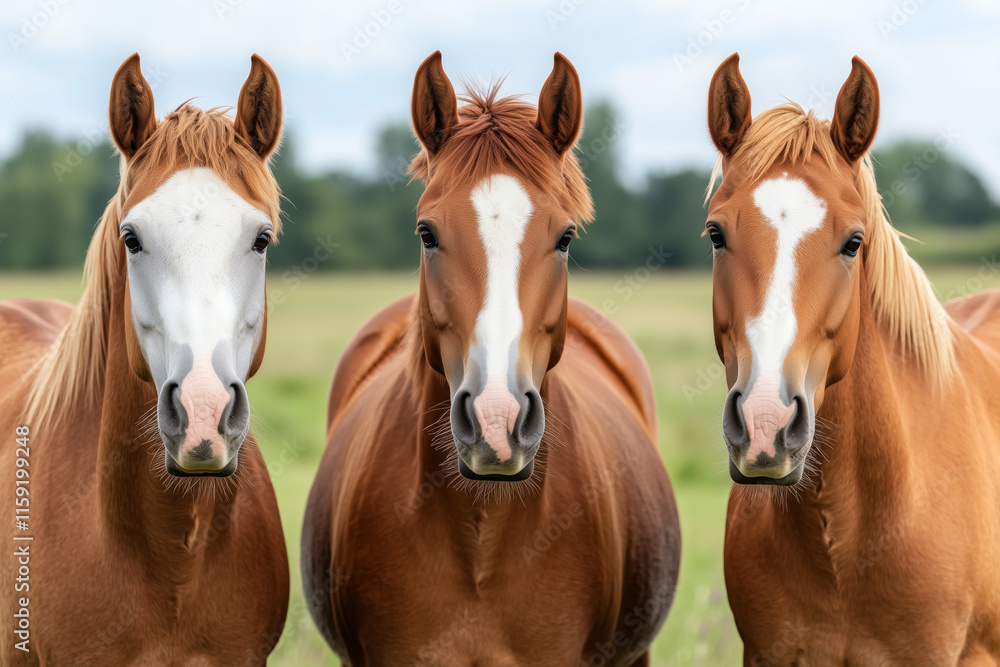 Three chestnut horses with white markings standing close together in a green pasture on a bright day Three chestnut horses with white markings standing close together in a green pasture on a bright day