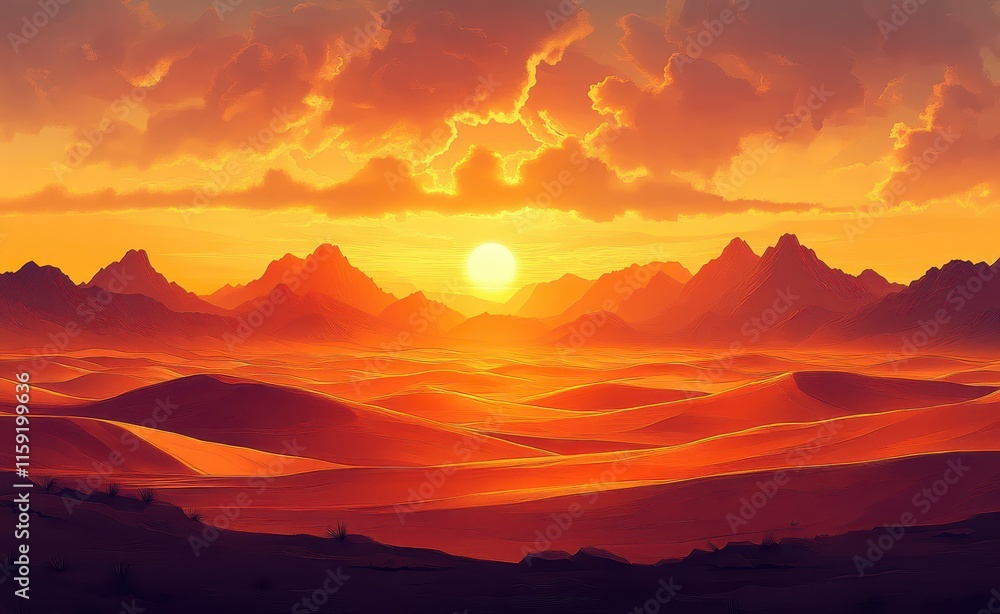 Vast desert landscape with rolling dunes and a stunning sunset over distant mountains Vast desert landscape with rolling dunes and a stunning sunset over distant mountains