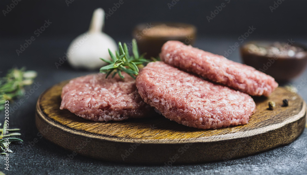 Raw veal cutlets on chopping board, before cooking for hamburgers and other dishes. Tasty food. Raw veal cutlets on chopping board, before cooking for hamburgers and other dishes. Tasty food.
