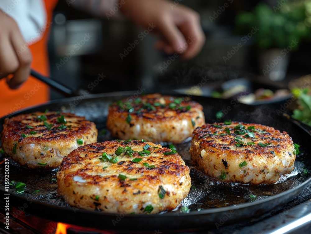 Four crispy golden-brown patties sizzling on a hot pan, garnished with fresh green onions. Four crispy golden-brown patties sizzling on a hot pan, garnished with fresh green onions.