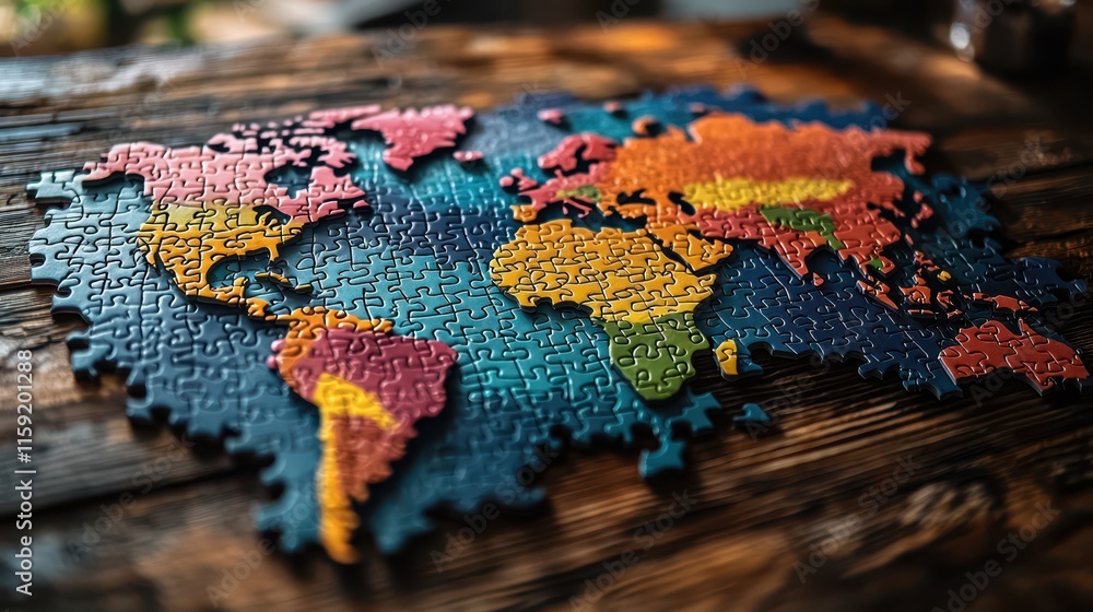 Fototapeta premium Colorful puzzle pieces form a detailed world map on a wooden surface