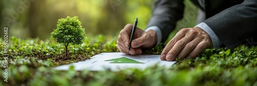 A businessman signs a paper with a plant illustration, symbolizing a contract for sustainable growth, environmental commitment, and business responsibility. photo