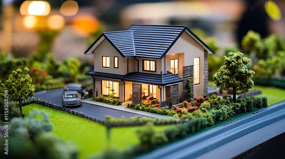 23. A detailed suburban house model surrounded by green grass and a driveway on a presentation board 23. A detailed suburban house model surrounded by green grass and a driveway on a presentation board