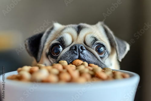 Playful pug eagerly awaits snacks from a bowl filled with tasty dog food sitting on a table