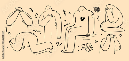 Abstract doodle people in depression set. Hand drawn vector illustration