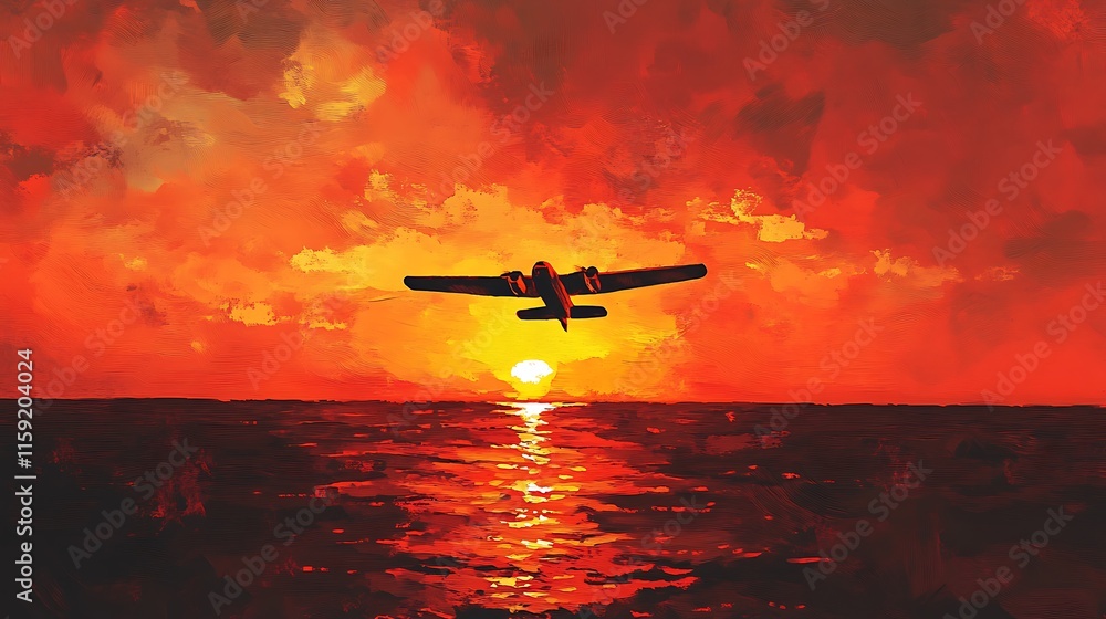 Fiery Sunset Silhouette Airplane Ocean Flight Fiery Sunset Silhouette Airplane Ocean Flight