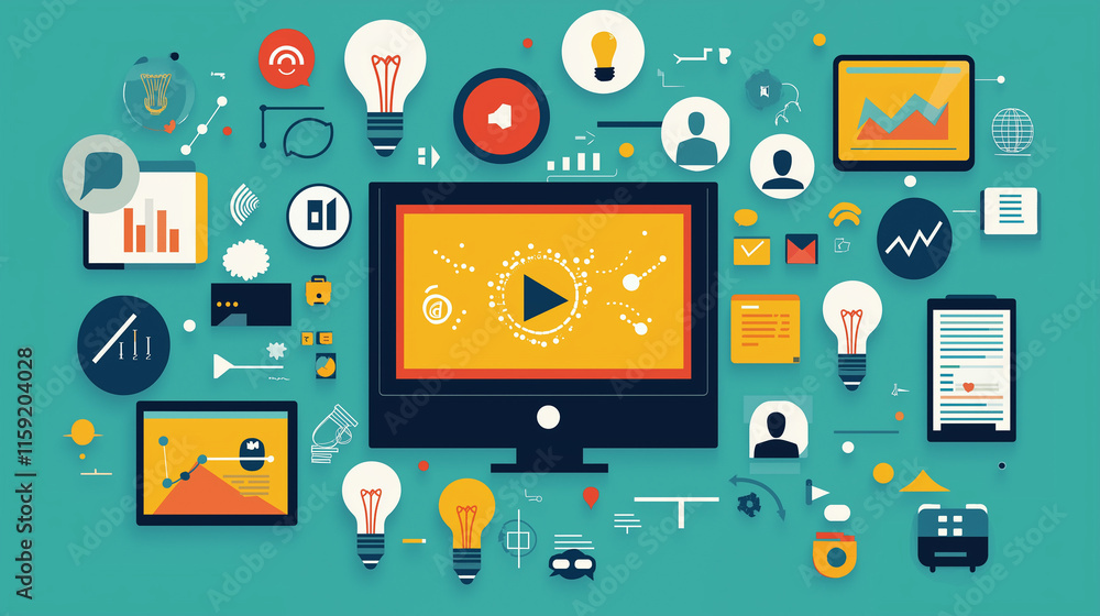 Team Ideation: A flat design of a group of people around a virtual screen, with animated thought bubbles and symbols like lightbulbs, graphs, and arrows representing collaborative smart thinking