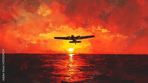 Fiery Sunset Silhouette Airplane Ocean Flight photo