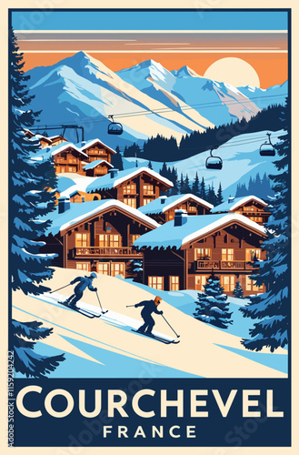 Courchevel, France Ski Travel Poster in retro style. Winter mountains landscape digital print. Winter holidays, active lifestyle. Vintage vector colorful illustration