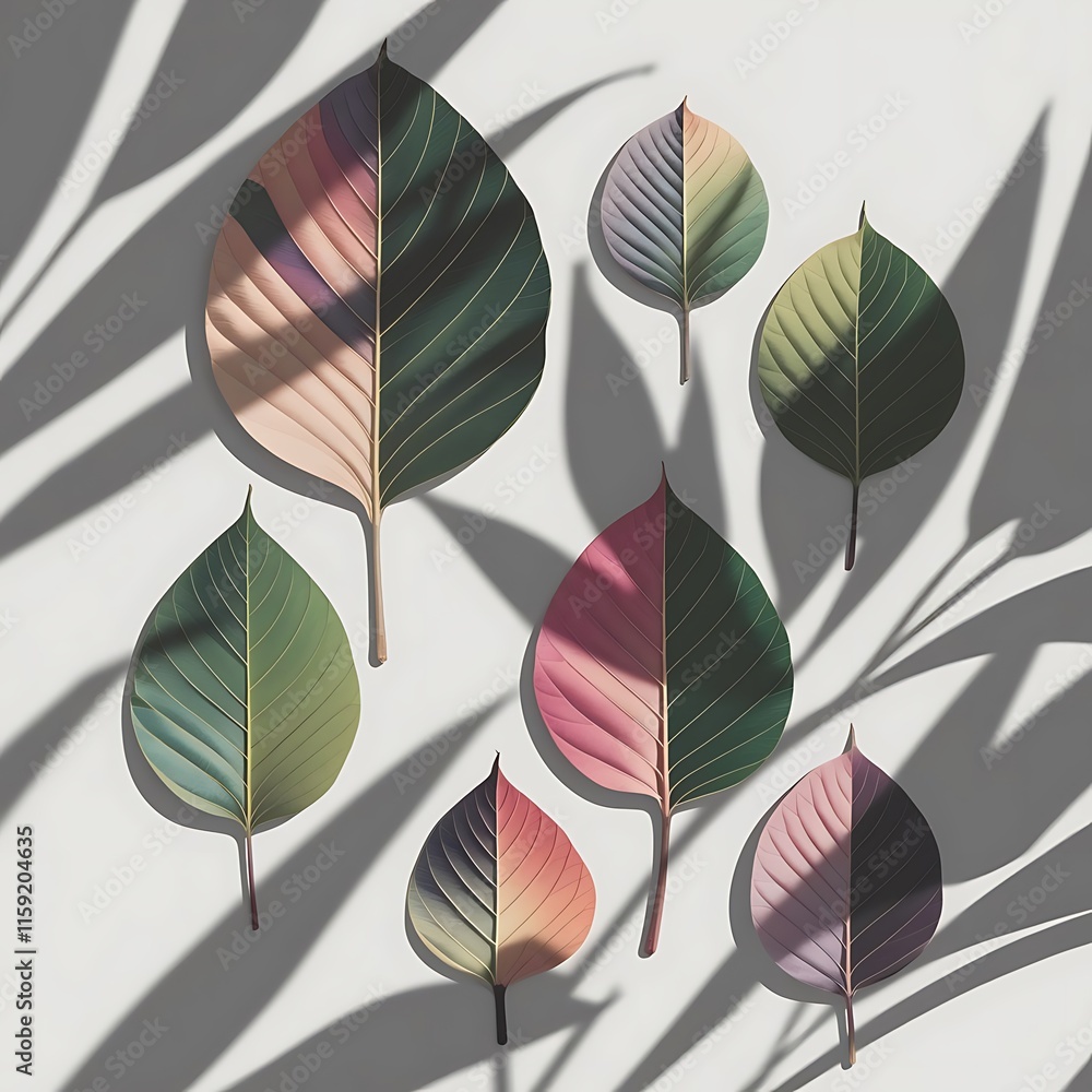 A collection of multicolored leaves in pastel hues with intricate details, surrounded by soft, dramatic shadows. A collection of multicolored leaves in pastel hues with intricate details, surrounded by soft, dramatic shadows.