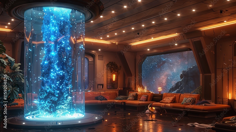 Obraz premium Surreal interior design of futuristic waiting room with glowing blue installation