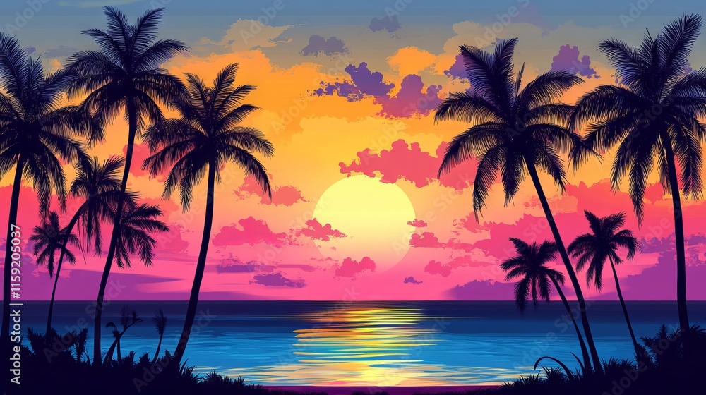 Silhouettes of dark palm trees against a vibrant tropical ocean sunset with gradient sky and reflective waters, exotic island paradise vector illustration Silhouettes of dark palm trees against a vibrant tropical ocean sunset with gradient sky and reflective waters, exotic island paradise vector illustration