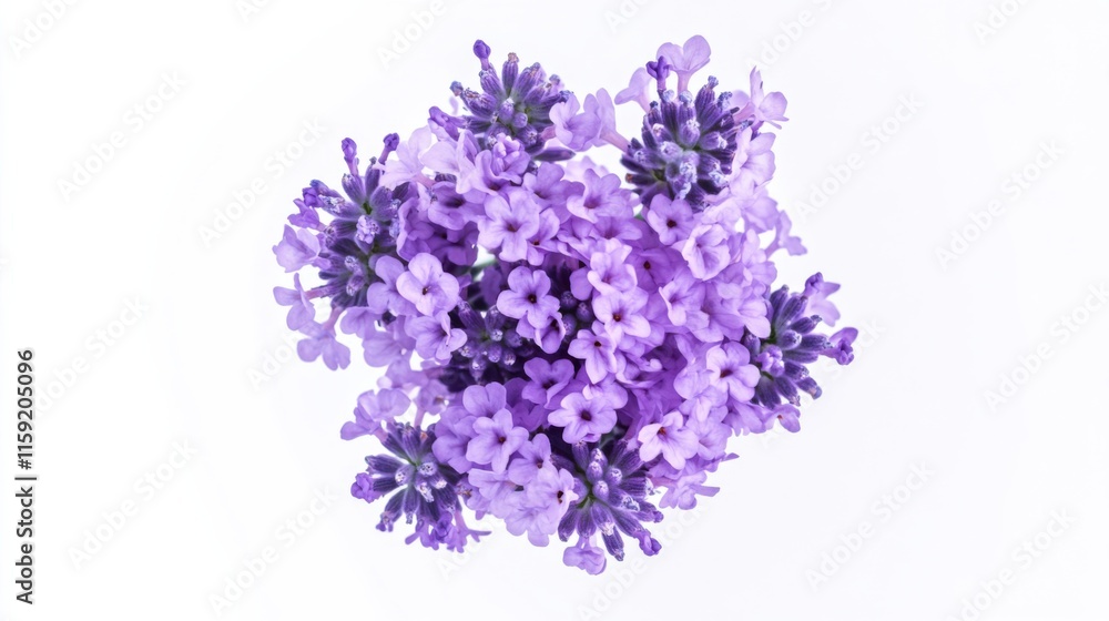 Obraz premium Close-up of a cluster of purple lavender flowers, isolated white background, minimalistic art style