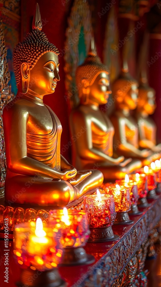 Fototapeta premium Golden Buddha Statues along Thai Temple Walls