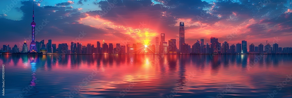 Sunset over futuristic city skyline with reflections on water Sunset over futuristic city skyline with reflections on water