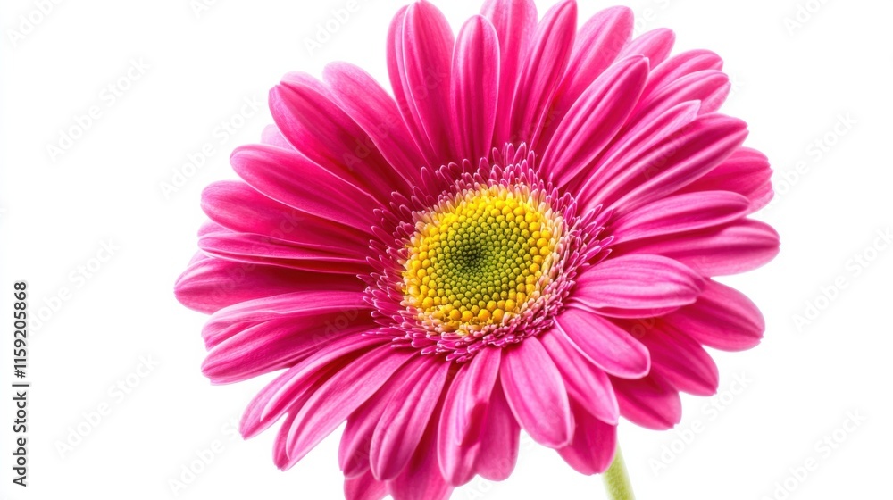 Close-up of a vibrant gerbera daisy with its bold pink petals and yellow center, isolated white background, minimalist floral art style Close-up of a vibrant gerbera daisy with its bold pink petals and yellow center, isolated white background, minimalist floral art style