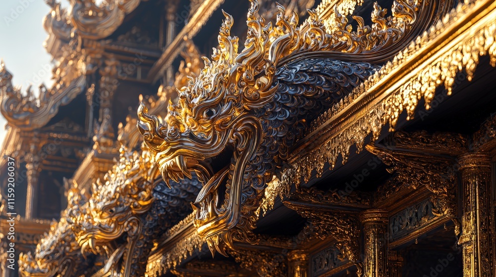 Obraz premium Celestial Beings Carved on a Golden Thai Temple Exterior