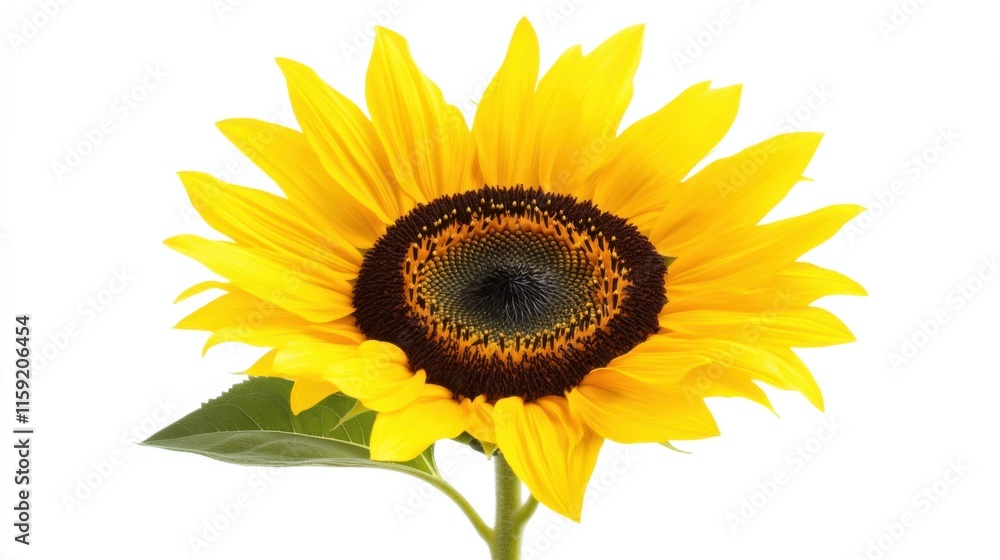 Fototapeta premium Close-up view of a vibrant yellow sunflower with its bold petals and dark center, isolated white background, minimalist art style
