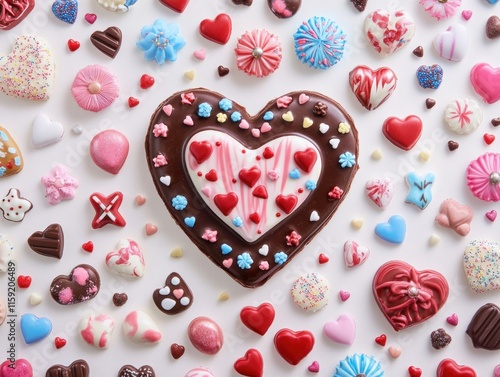 A heart-shaped chocolatein various shapes and colors on a white background,
 photo