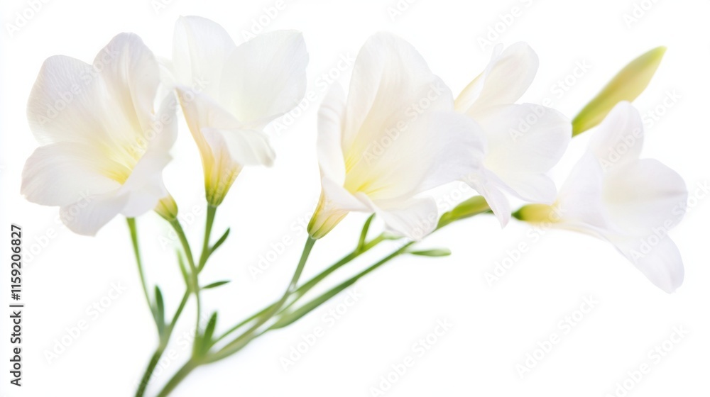 Fototapeta premium Close-up view of delicate freesia flowers with their fragrant white petals and slender stems, isolated white background, whimsical botanical pattern style