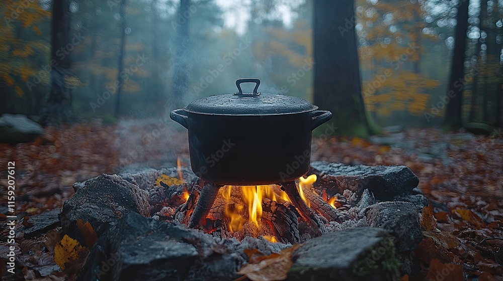 Campfire pot cooking outdoors, adventure dinner meal food in nature, black metal kettle boiling above flame, camping and hiking trip in the forest Campfire pot cooking outdoors, adventure dinner meal food in nature, black metal kettle boiling above flame, camping and hiking trip in the forest