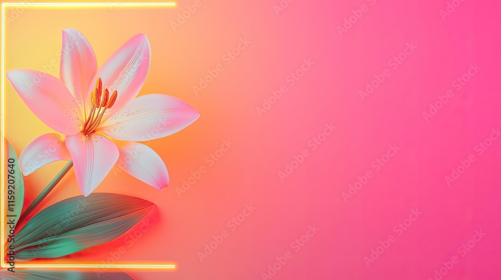 Lily floral abstract background idea. A vibrant pink background featuring a delicate lily flower with vivid petals and leaves. Lily floral abstract background idea. A vibrant pink background featuring a delicate lily flower with vivid petals and leaves.