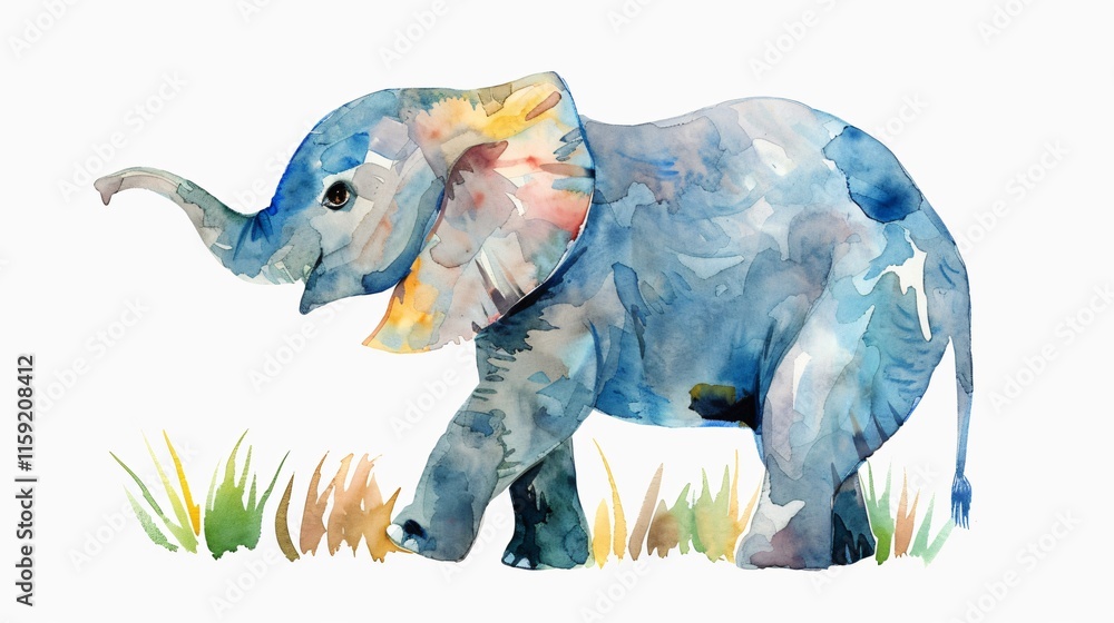 Obraz premium Adorable Watercolor Baby Elephant in Jungle Safari Illustration