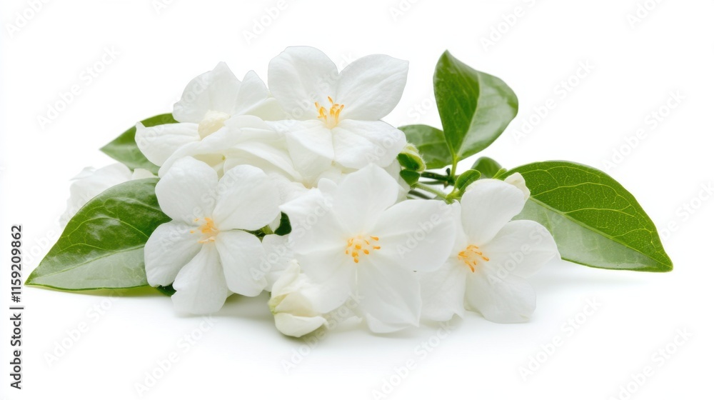 Obraz premium Detailed shot of a cluster of white jasmine flowers with green leaves, isolated white background, minimalist composition