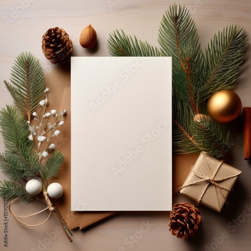 White blank greeting card with rustic eco-friendly Christmas decor, featuring natural materials and warm tones, ideal for festive mockups and branding