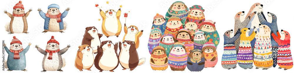 Groundhog Day and tradition event, A vibrant collection of charming, illustrated penguins and otters, each adorned in colorful winter attire, showcasing playful and joyful expressions. Groundhog Day and tradition event, A vibrant collection of charming, illustrated penguins and otters, each adorned in colorful winter attire, showcasing playful and joyful expressions.