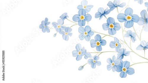 Detailed view of delicate forget-me-nots with their small blue petals and yellow centers, isolated white background, minimalist botanical illustration style
