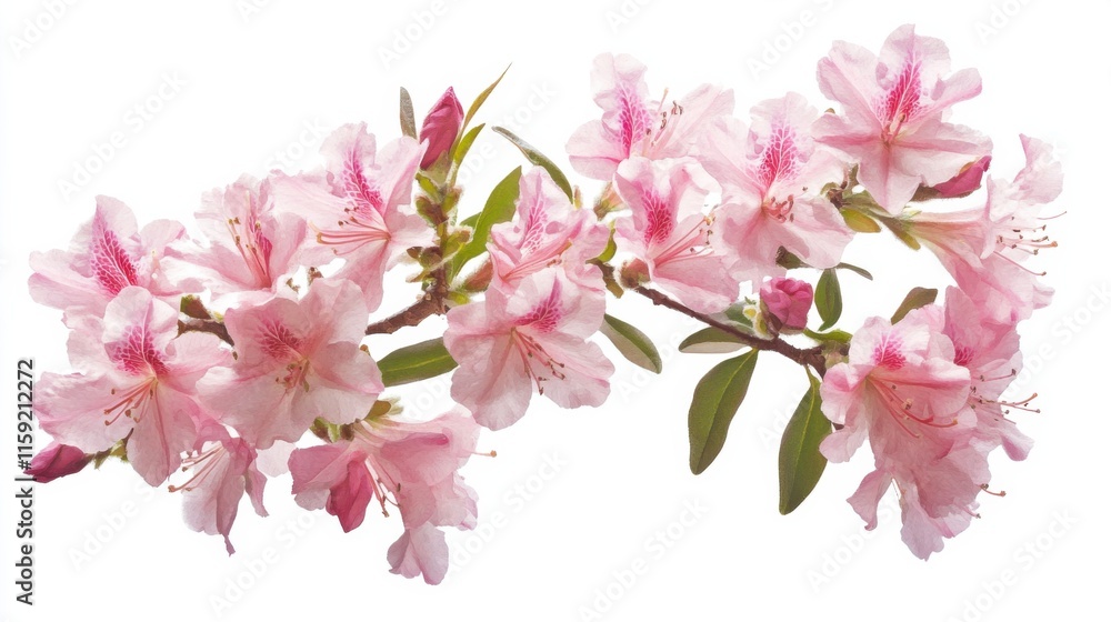 Exquisite details of a blooming azalea bush with clusters of pink flowers, isolated white background, traditional botanical watercolor style Exquisite details of a blooming azalea bush with clusters of pink flowers, isolated white background, traditional botanical watercolor style