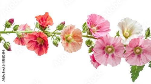 Exquisite details of a blooming hollyhock with its tall stalk and colorful flowers, isolated white background, botanical realism style